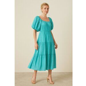 The Westside Puff Sleeve Maxi Dress Large Teal Blue NWT